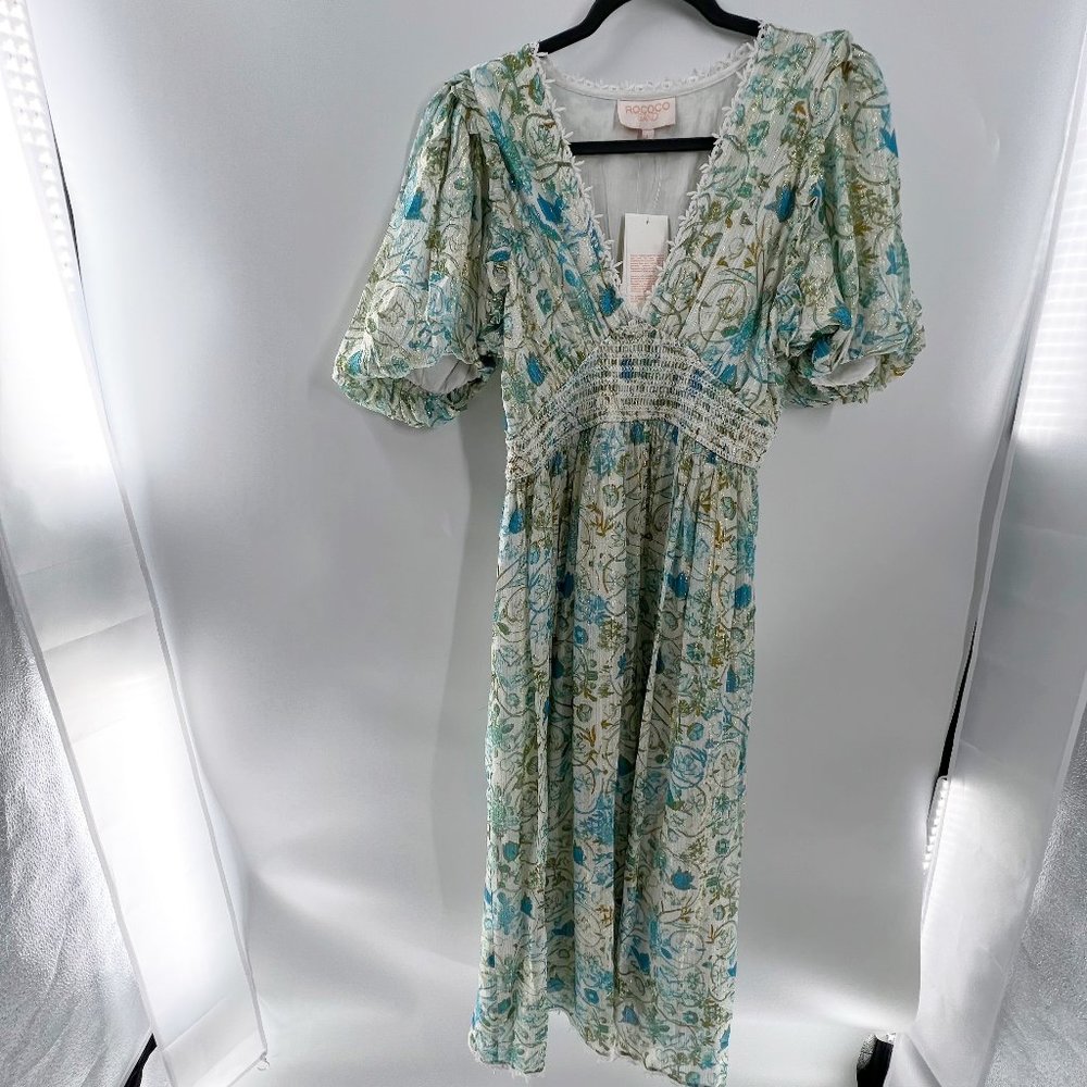 Rococo Sand Elan V neck smoke waist Puff sleeves dress Sz S/ L NWT